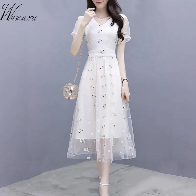 Женское белое элегантное вечернее платье модное летнее роскошное кружевное Сетчатое платье женское весеннее повседневное приталенное платье с вышивкой