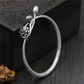 

C&R Real 999 Sterling Silver bangles for women bracelet Carved fish bracelet retro push-pull lotus Thai Silver Fine Jewelry