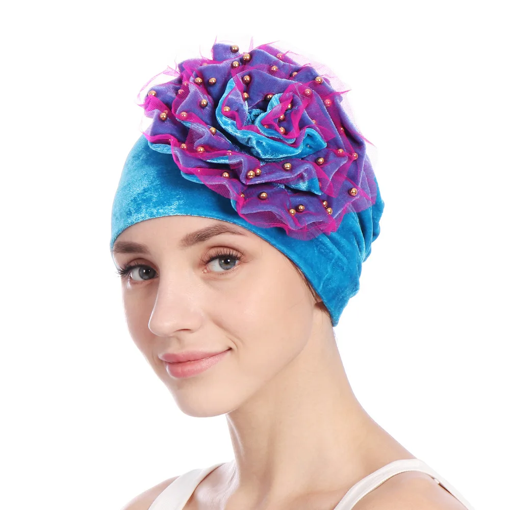 Women ladies Children New Pearl Floral Bead Scarf Hijab Muslim Islamic hat