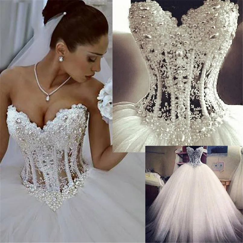 

Sweetheart Beading Tulle Wedding Dress Luxury Arabic Dubai Wedding Gown With Pearl Sexy Hollowed Off The Shoulder Bridal Dress