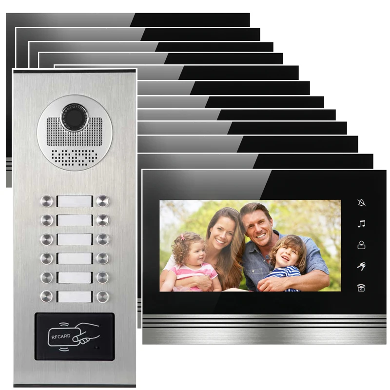 

12 apartments placa de video door phone intercom RFID Door access control system with 7" inch LCD display