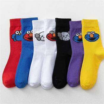 

PEONFLY New 2019 Autumn Winter Women Socks Funny Cartoon Sesame Street Elmo Happy Socks Men Harajuku Combed Cotton Sokken