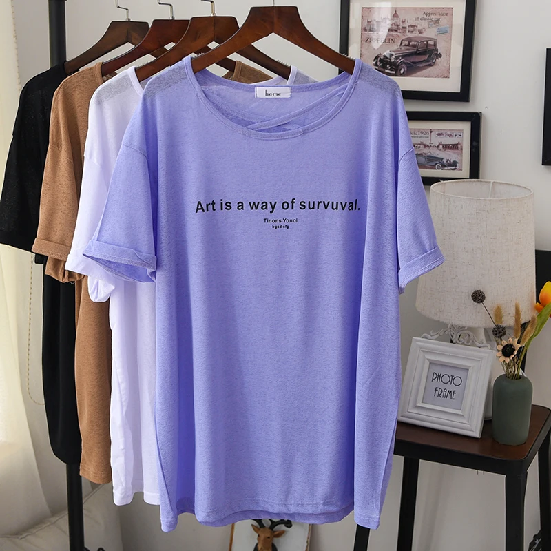 

2019 Summer Thin Loose T Shirt Women Short Sleeve See Through Letter Print Tees Famale Backless Beach Tops Oversize