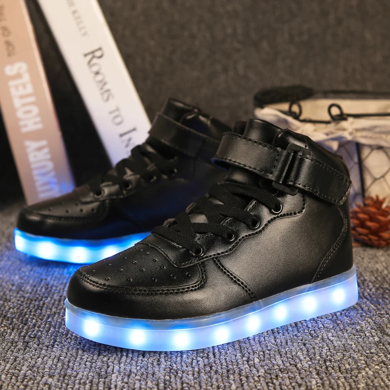 

LED Light Up Shoes Gold High Top girls and boys luces dorado Fashion USB Charge Red kids Casual Luminous sneakers for children