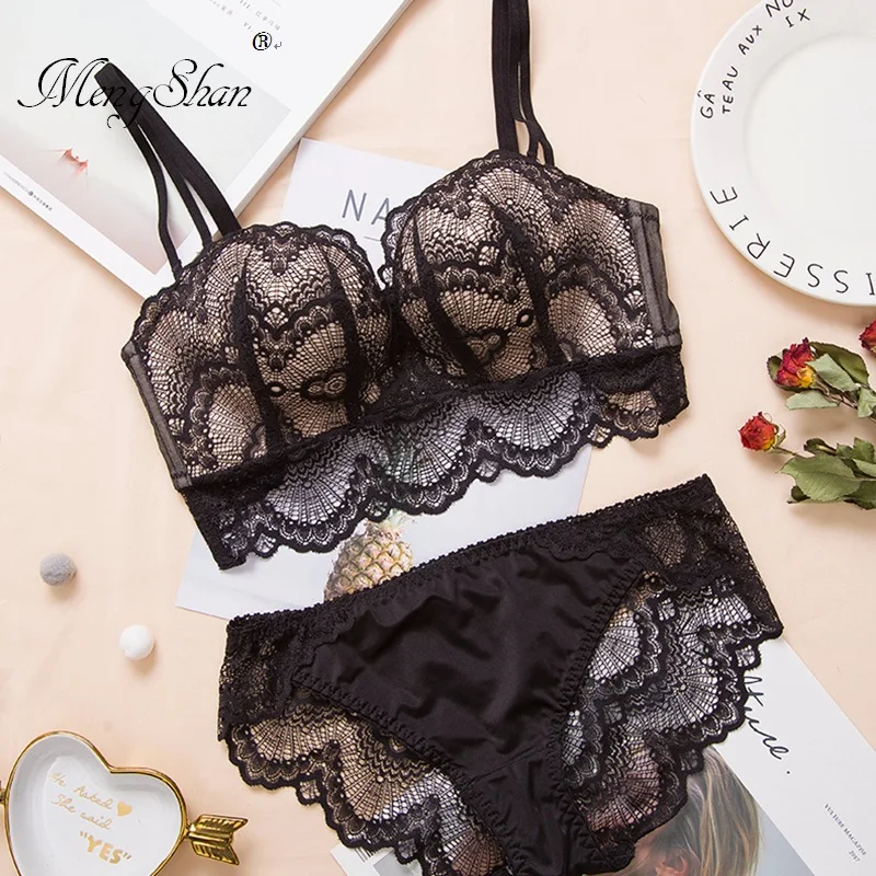 

MengShan New Sexy Bra set Ring-free lace edge massage palm cup bra push up Adjustment type Comfortable gathering push up bra set