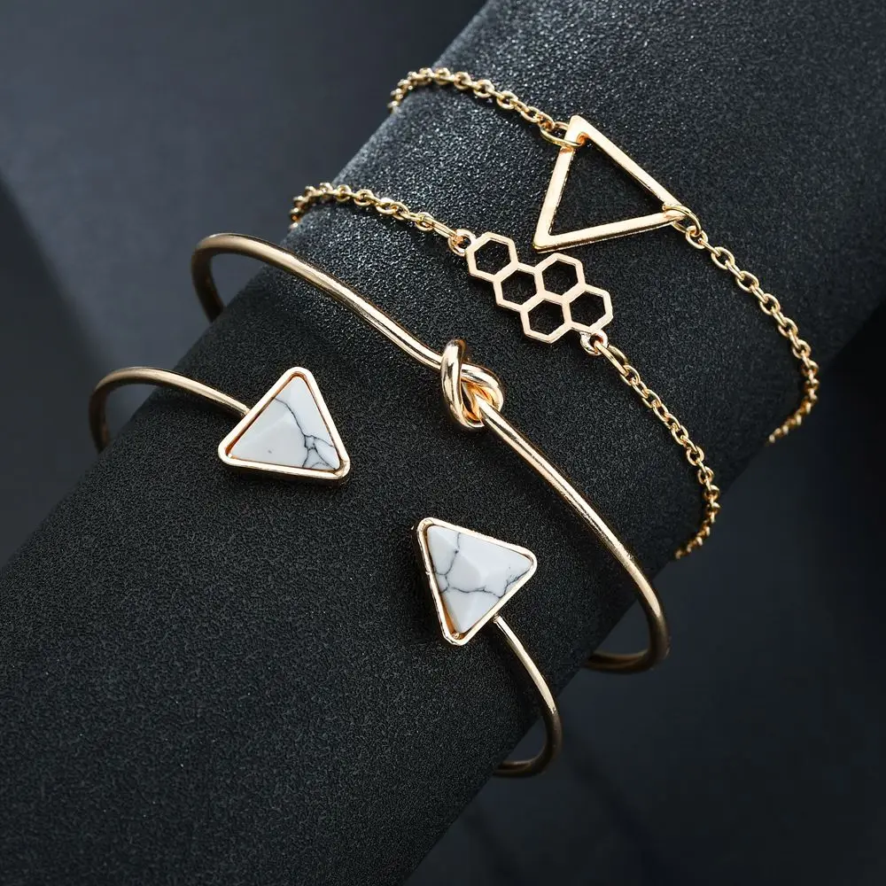 

Terreau Kathy Gold And Silver Color Honeycomb Stone Bracelet Set for Women Triangle Geometric Adjustable Bracelet Bangles 4pcs1s