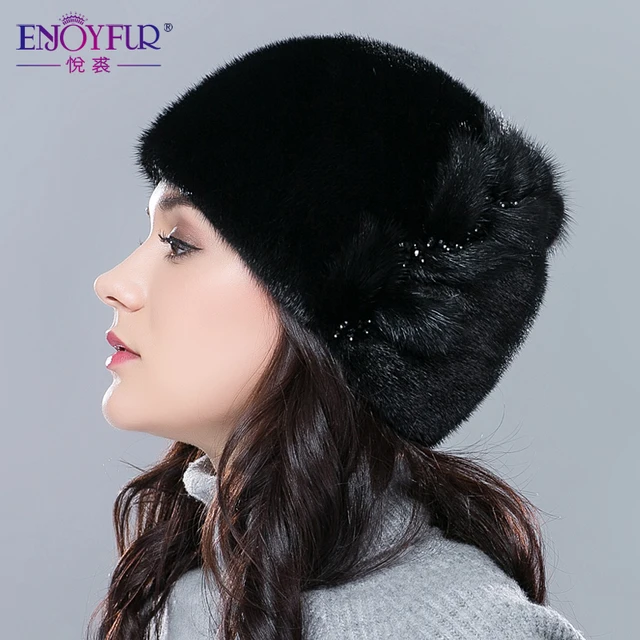 Best price at $110 Cheap Women fur hats for winter real mink fur hat floral type adjustable skullies beanies fashion sale female ear protector caps