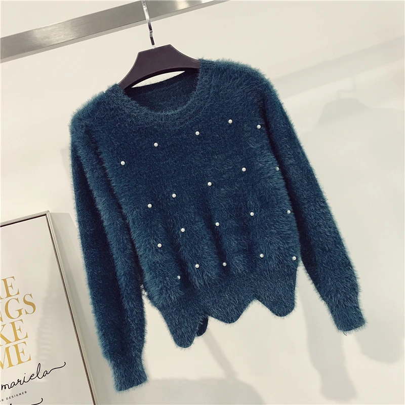 Женская мода осень зима кашемировые свитера элегантный круглый вырез бисер волновой подол вязаный пуловер Женский качественный теплый джемпер