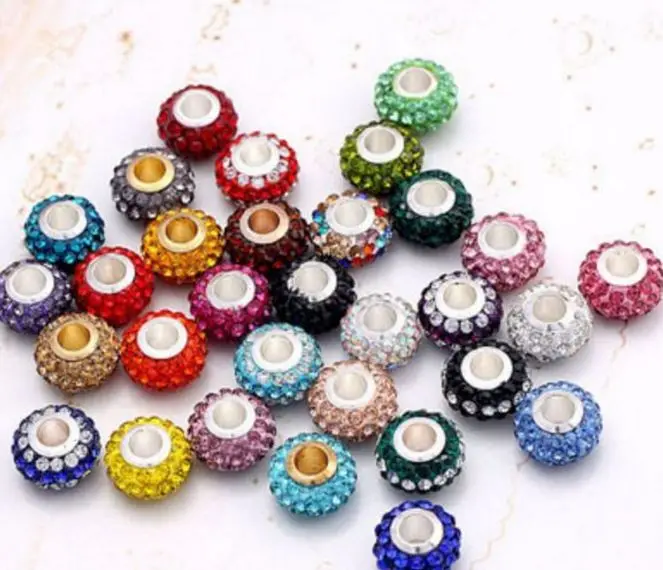 

mixed white hot 14MM 50Pcs/lot Multi Resin Rhinestone Silver Plated Core Big Hole Crystal European Beads Fit Charm Bracelets.