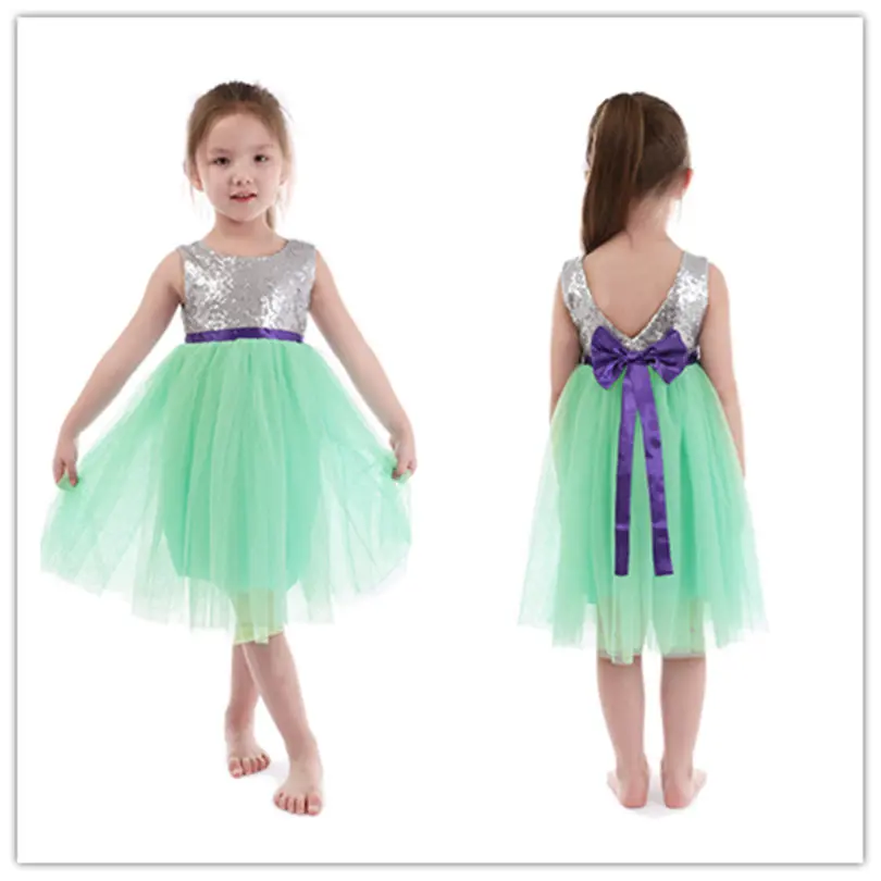 Kaiya Angel Princess Wedding Party Girls Dress Summer Sleeveless White Sequins Apple Green Mesh Purple bow Spring clothes | Детская