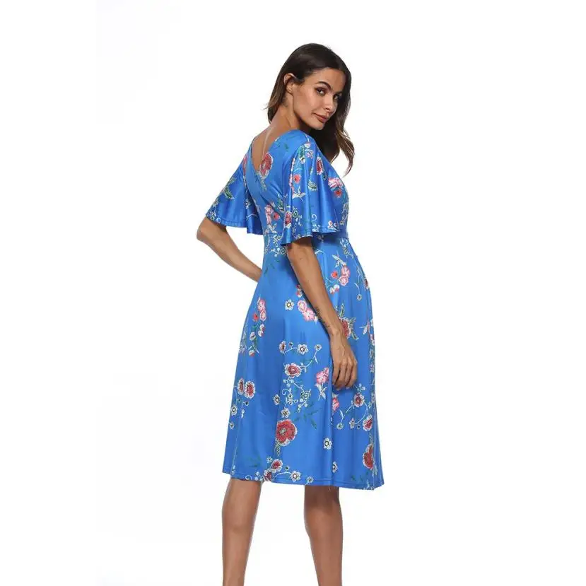 Pregnant Dress Maternity Pregnant Women's Short Sleeved Dress With Printed Flowers Dress Pregnant Women 18Jun28