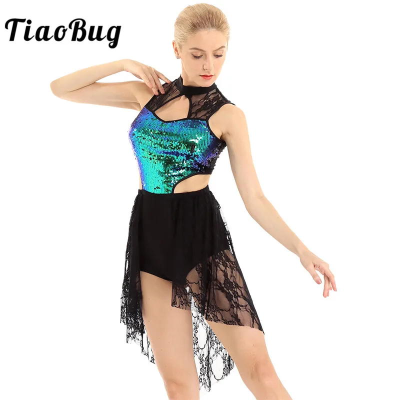 

TiaoBug Sleeveless Shiny Sequins Asymmetrical Lace Ballet Leotard Women Figure Skating Dress Contemporary Lyrical Dance Costumes