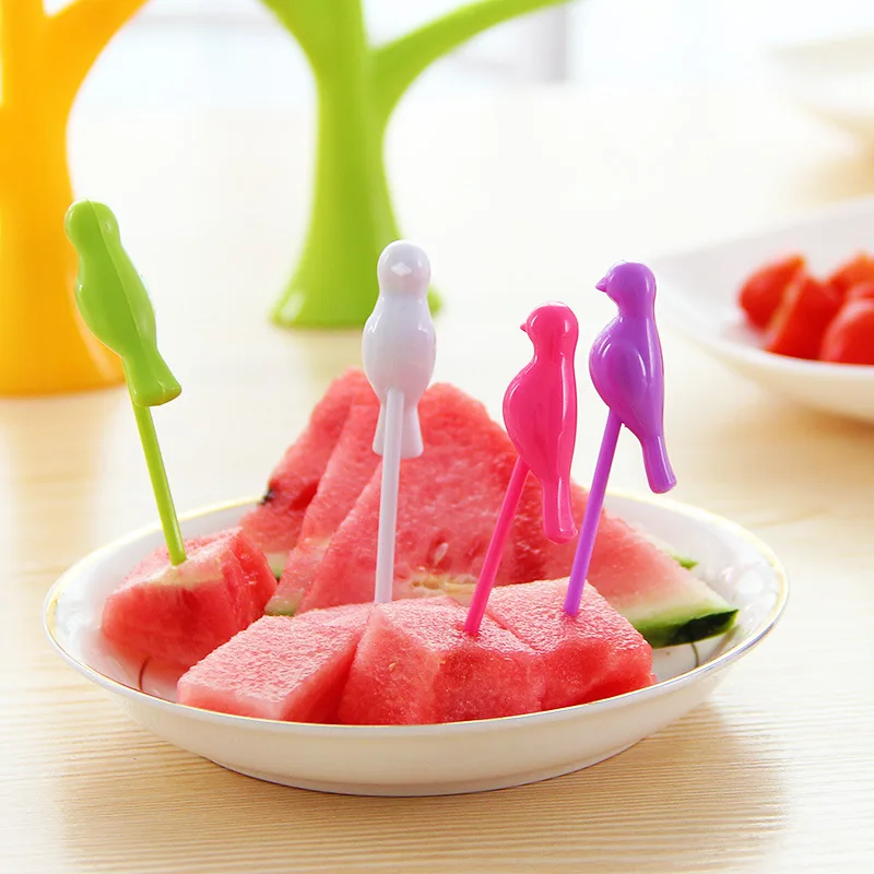 

1Set Birds Tree Shape Fruits Fork Plastic Vegetable Fork Fruit Snack Dessert Forks Holder For Party Home Decor Hall