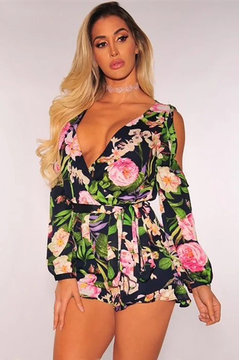 Chiffon Playsuit Wendywu/ летние, пляжные, в богемном стиле с принтом с глубоким v-образным вырезом шифоновые Комбинезоны Для женщин с длинными рукавами и галстуком-бабочкой на талии с цветочным принтом ромпер с поясом - Цвет: Chiffon Playsuit