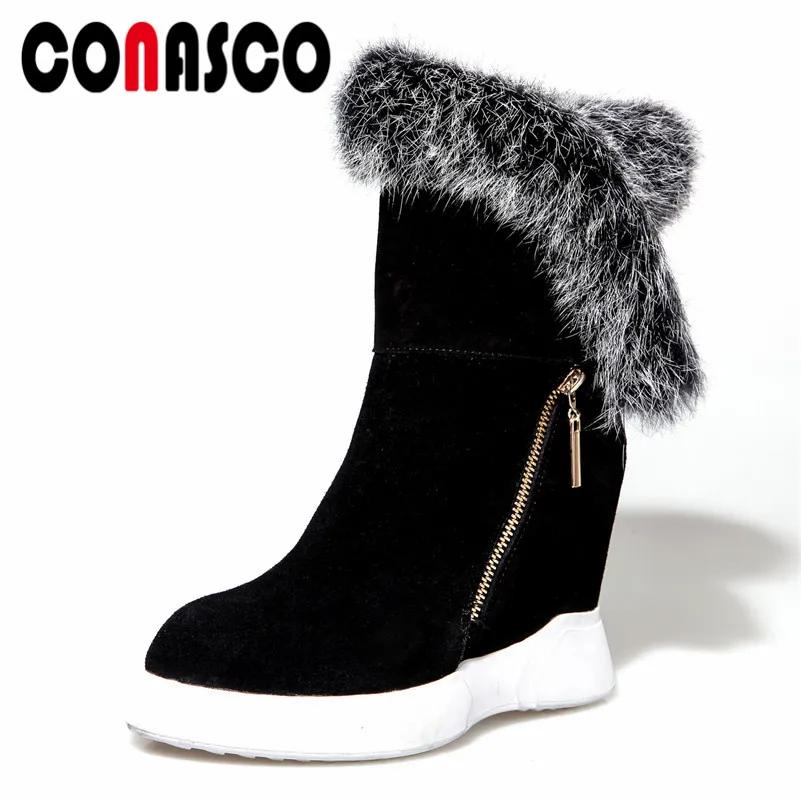 

CONASCO New Arrival Women Mid-Calf Boots Round Toe Cow Suede Wedges Heels Shoes Woman Brand Zipper Autumn Winter Warm Snow Boots