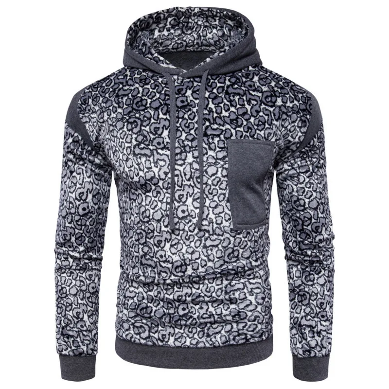 New Mens Long Sleeve Hooded Leopard Print Color Pullover Hoodie Fashion
