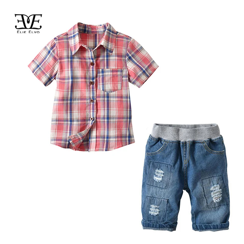 ELIE ELVO Fashion Boys Clothing Sets Summer Children's Plaid Short-Sleeved Shirt + Jeans Shorts Suits Gentleman Kids Clothes |