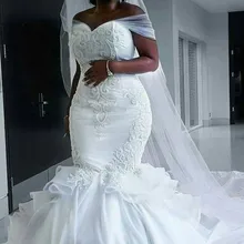 Элегантные атласные винтажные женские платья свадебное платье с длинный широкий шарф чисто белое кружевное вышитое Африканское свадебное платье "Русалка" W0216