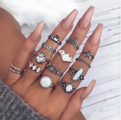 Серебряный Vintage Opal набор колец на сустав пальца для женщин Boho полая коронка из