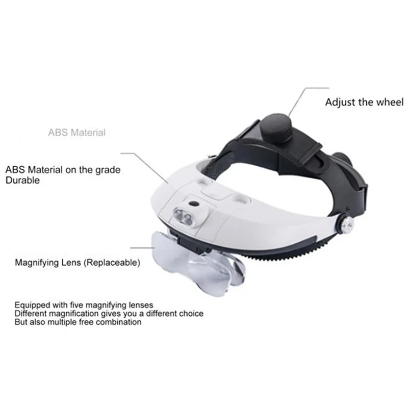 

Illuminated Helmet Magnifier With 2 LED Headband Magnifying Glass 1X 1.5X 2X 2.5X 3.5X Lens for Reading Phone Repair