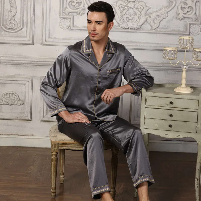2019 Man's Genuine Silk Pajamas Long-Sleeved Sets Silkworm Silk Home Wear Two-Piece 100% Silk Sleepwear Male 15076