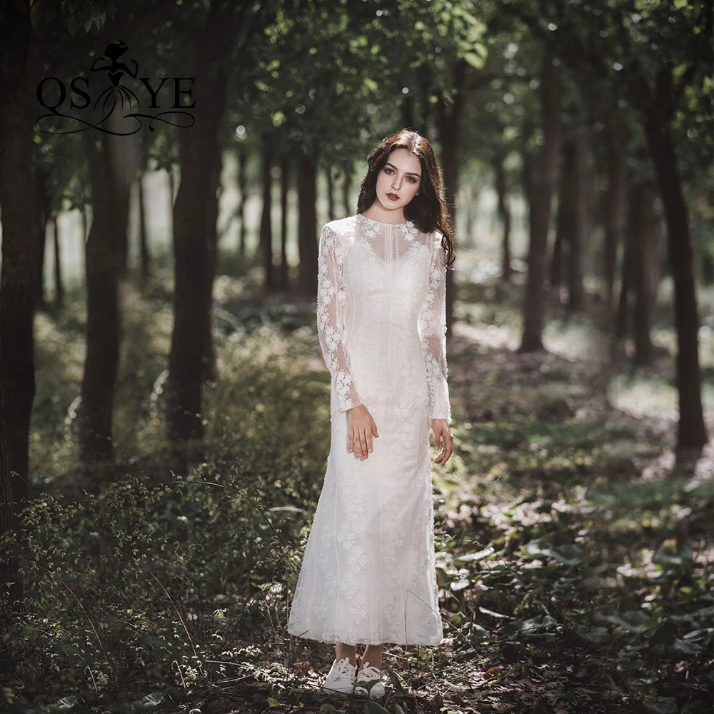 

QSYYE 2019 New Arrival Berta Sheer 3D Lace Cheap Bridal Gown Wedding Dresses Sexy Mid Length Sheath Discount Women Summer Skirt