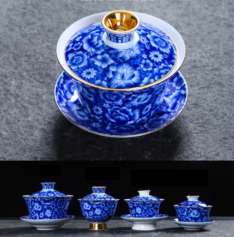 Цзиндэчжэнь керамика синий и белый фарфор Винтаж Gaiwan с комплект крышек Творческий Золото Высокие ноги чай горшок дома посуда для напитков