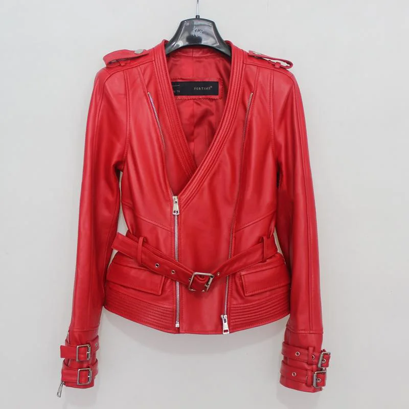 

Women's V-neck genuine leather jacket with belt red black motorcycle leather jacket lady sexy style leather jacket women 2018