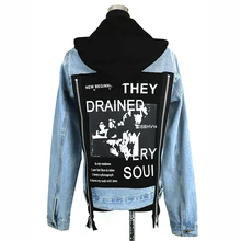 Модные Назад Печатных Молния Синие джинсы куртка Для женщин Демисезонный S-XL Весна руки кисть с длинным рукавом джинсовая куртка, пальто