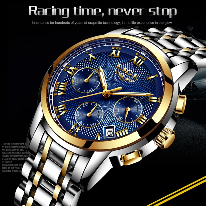 

LIGE Luxury Sport Quartz Waterproof Watch Men Top Brand Fashion Stainless Steel Strap Chronograph Calendar relogio masculino+Box