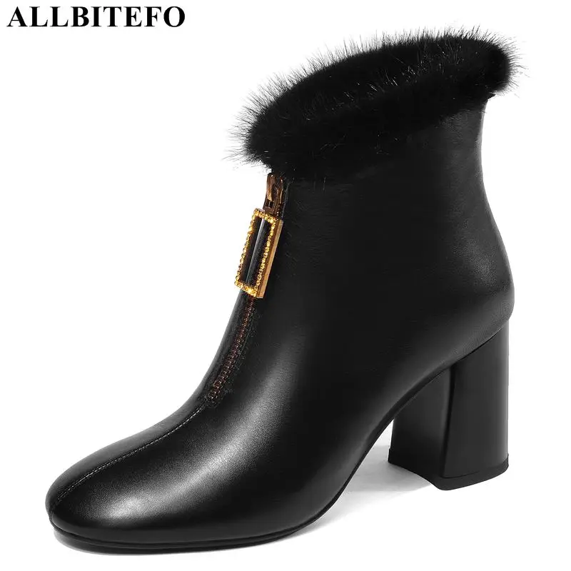 

ALLBITEFO genuine leather+True hair thick heel winter women boots high quality high heels ankle boots for women martin boots