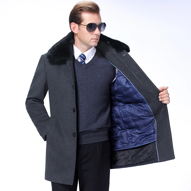 

Real Fur Collar Removable Winter Thick Overcoat Casual Men's Wool Blend Coats Full For Male Long Solid Color