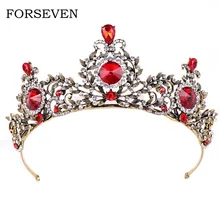 Baroque Red Crytal Bridal Tiaras Rhinestone Diadem Crystal Queen Crowns Vintage Gold Wedding Hair Accessories For Bride