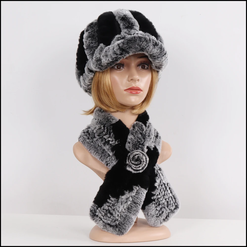 Новый Зимний вязаный 100% натуральный мех шапки наборы шарфов для женщин теплые Настоящий мех кролика шапка шарф из натуральной 2 шт. кепки