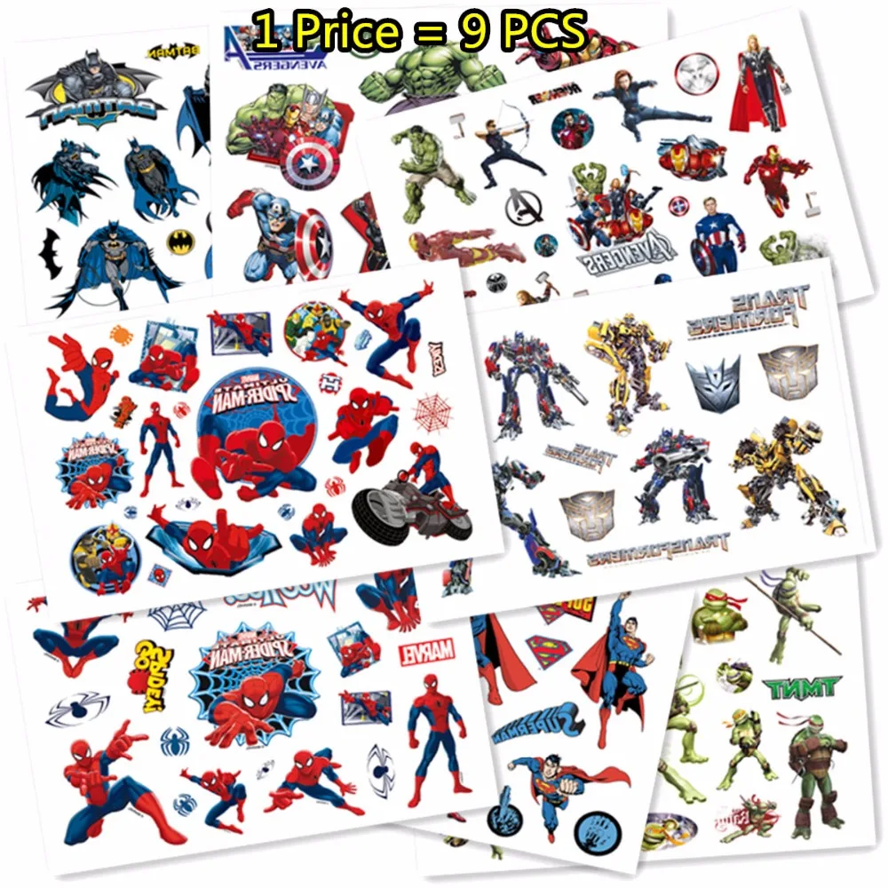 

SHNAPIGN 9 pcs/lot Super hero Temporary Body Arts, Flash Tattoo Stickers 17*10cm, Waterproof Children Loves Toy Tatoo Stickers