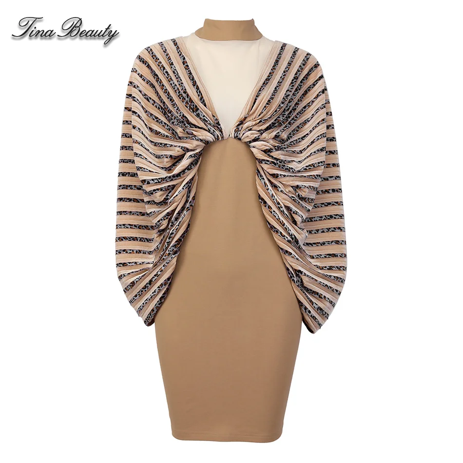 

Tina Beauty Womens Leopard Strip Mesh Bodycon Dress High Neck Batwing Sleeve Mini Dress Silky Party Dresses Vestidos Streetwear