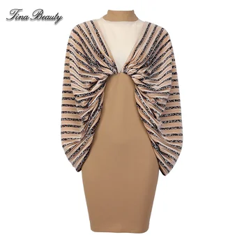 

Tina Beauty Womens Leopard Strip Mesh Bodycon Dress High Neck Batwing Sleeve Mini Dress Silky Party Dresses Vestidos Streetwear