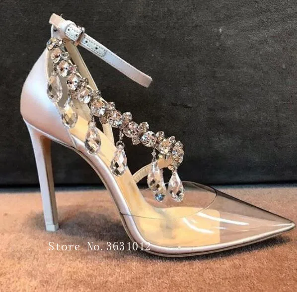 

2019 Newest Fashion Ankle Buckle Point Toe PVC Transparent Sexy Luxury Crystal Strappy High Heel Party Wedding Shoes Woman 35-42