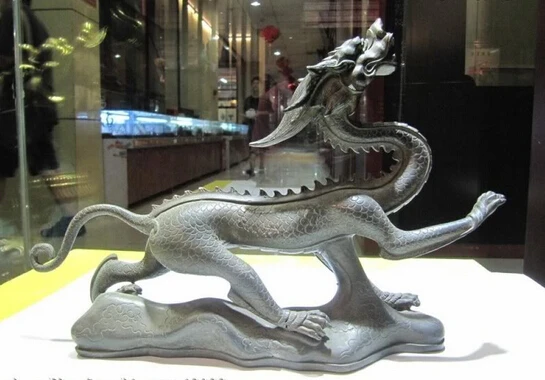 

song voge gem S0279 8" Chinese Folk exquisite Pure Copper Bronze Evil Fly Black dragon Statue