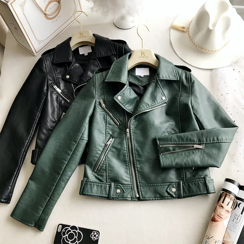 Весна осень кожаная куртка женская зеленая короткая мотоциклетная искусственная кожа с длинным рукавом Высококачественная кожаная женская байкерская куртка пальто - Цвет: Dark green