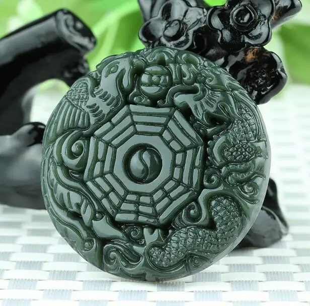 

Natural Green Hetian Jades Pendant 3D Carved Round BaGua With Dragon Phoenix Pendants Women Men's Amulet Nephrite Jades Jewelry