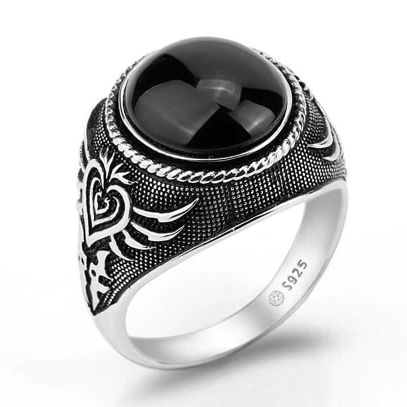 

925 Sterling Silver Men Ring Featured Black Big Natural Stone Silver Ring with Poker Vintage Skeleton Design for Man Jewlery