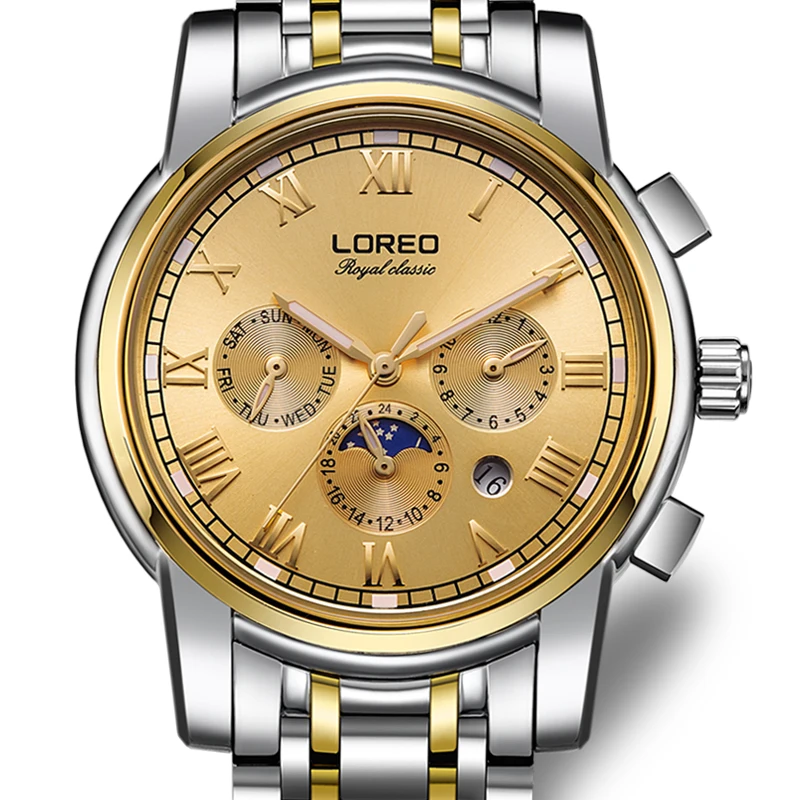 LOREO Germany watches men luxury brand automatic self-wind moon Phase sapphire luminous golden stainless steel relogio masculino