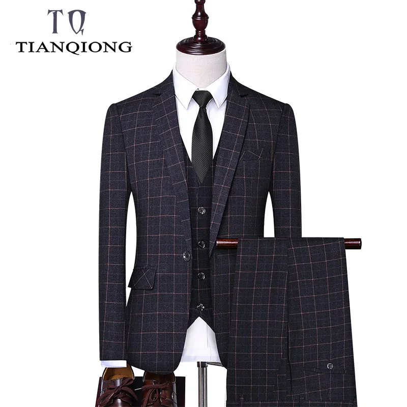 TIAN QIONG/брендовый мужской костюм из 3 предметов, приталенный клетчатый мужской костюм свадебный костюм для жениха, высококачественные мужские официальные костюмы с брюками - Цвет: black