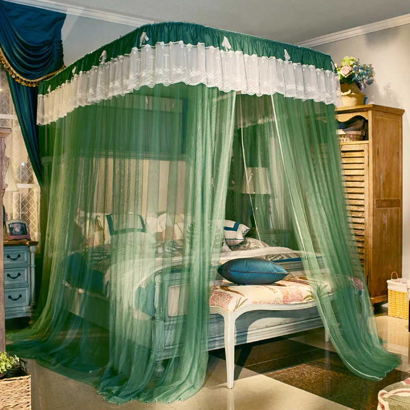 

Luxury European Palace Style Three open door Landing Rail White Lace Mosquito Net Stainless Steel Mosquito Frame Bedding Set