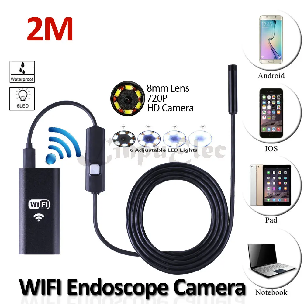HD720P 8mm Lens WIFI Endoscope Snake USB Camera 2M Flexible USB IP67