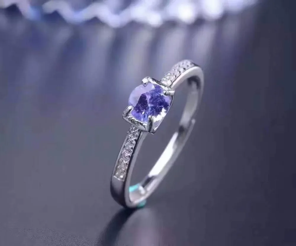 Простой дизайн, кольцо с драгоценным камнем, 5 мм, Круглый, блестящая огранка, натуральный Танзанит, серебряное кольцо, твердое, 925 серебро, танзанит, обручальное кольцо