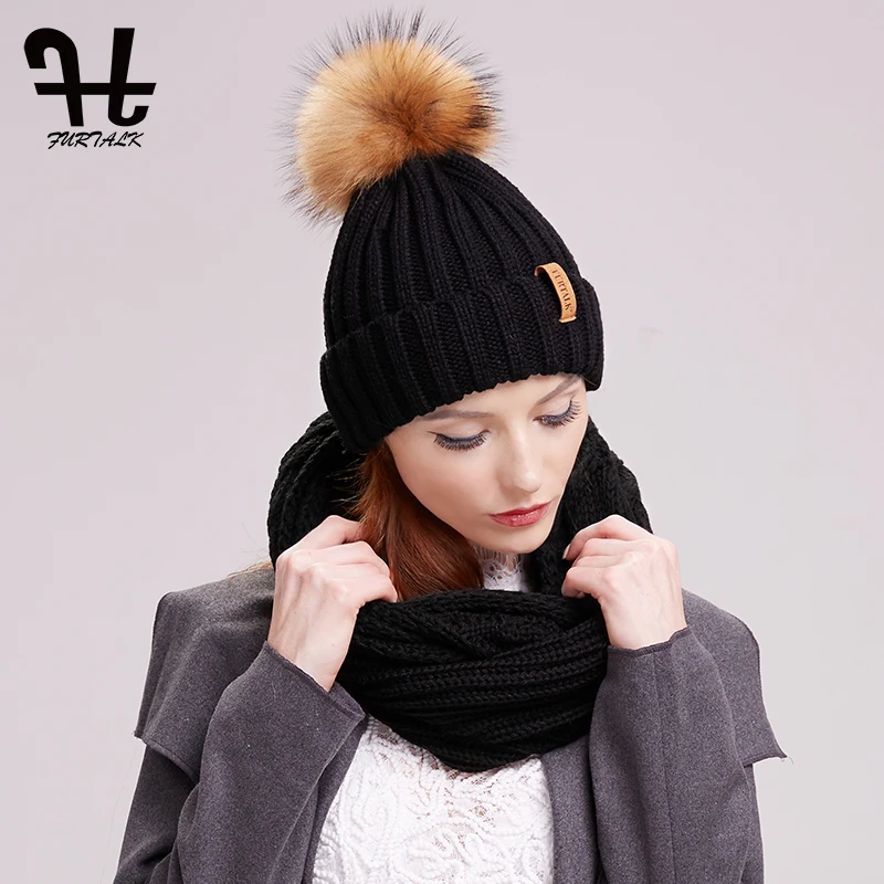 Furtalk женская вязаная зимняя шапка и шарф комплект Pom Beanie шапки Вязание Бесконечность Шарфы для женщин теплые Средства ухода за кожей шеи Круг шарф комплект