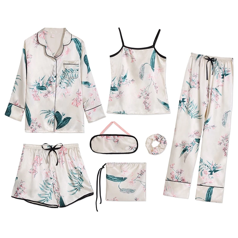 7 шт./компл. пижамный комплект женские имитация шелка милый дом верхняя одежда Для женщин для сна; детская пижама с принтом женская одежда