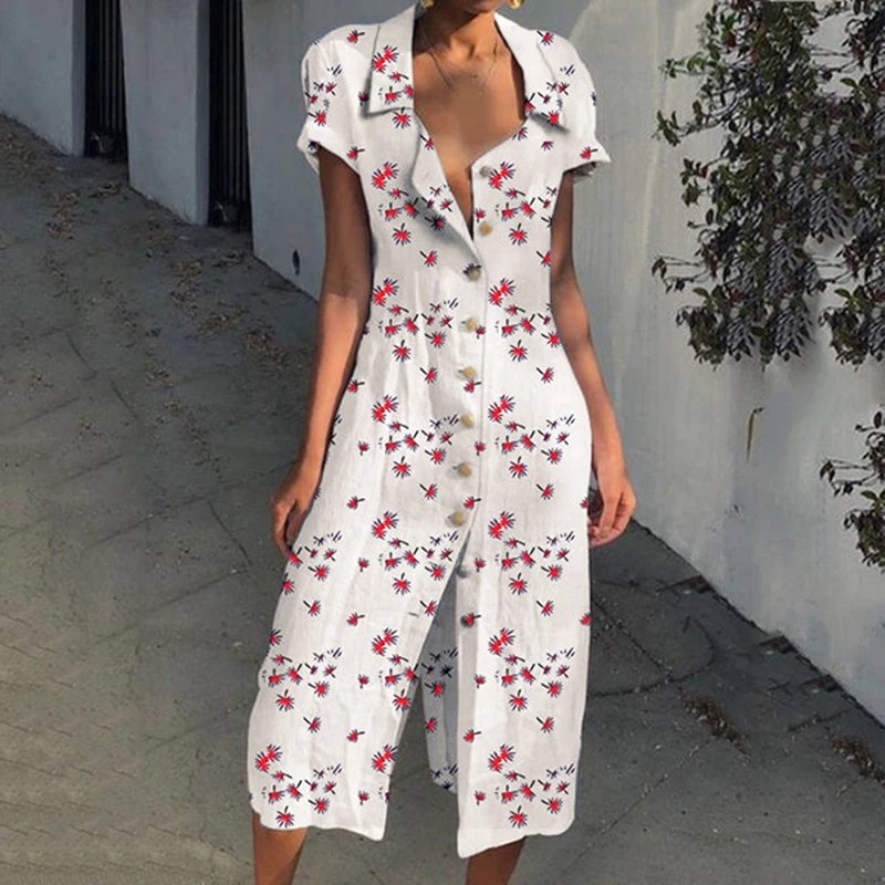 

Summer Jumpsuit Boho Printed Short Sleeve Loose V Neck Prints Girl Rompers 2019